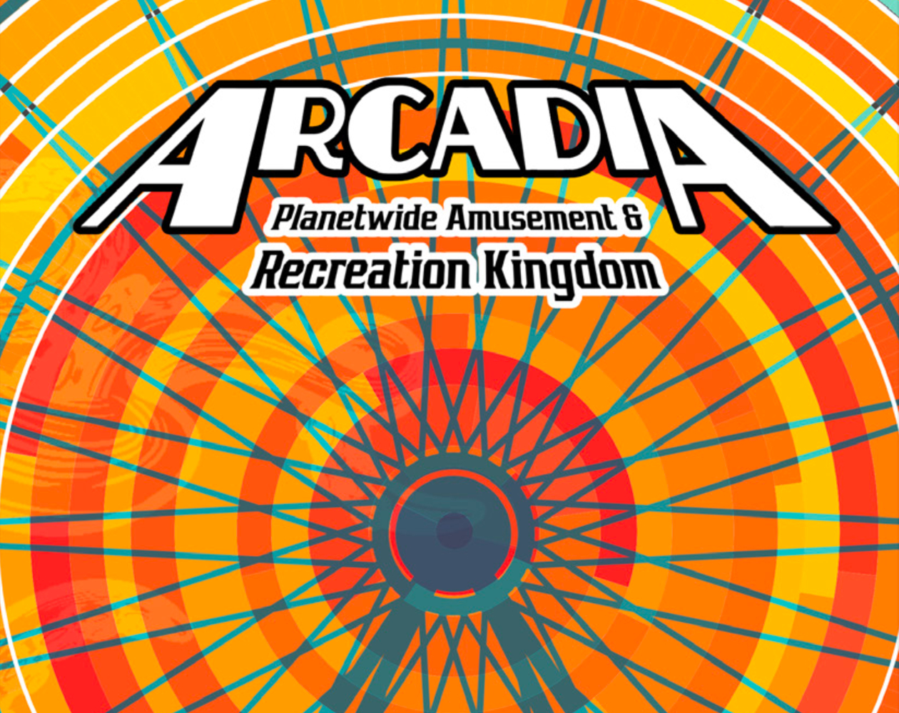 Arcadia: P.A.R.K. cover - vibrant orange and red ferris wheel on a cosmic background